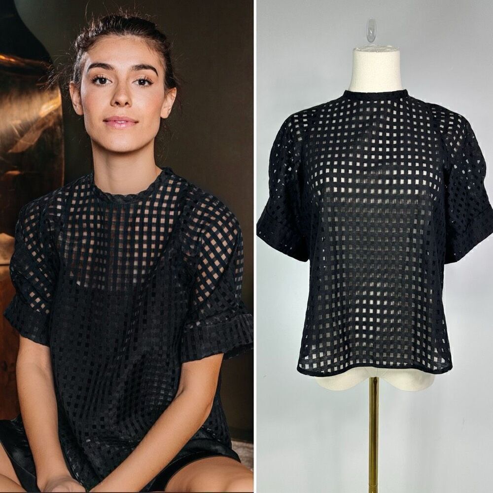 Black Mesh Grid Short-Sleeve Blouse